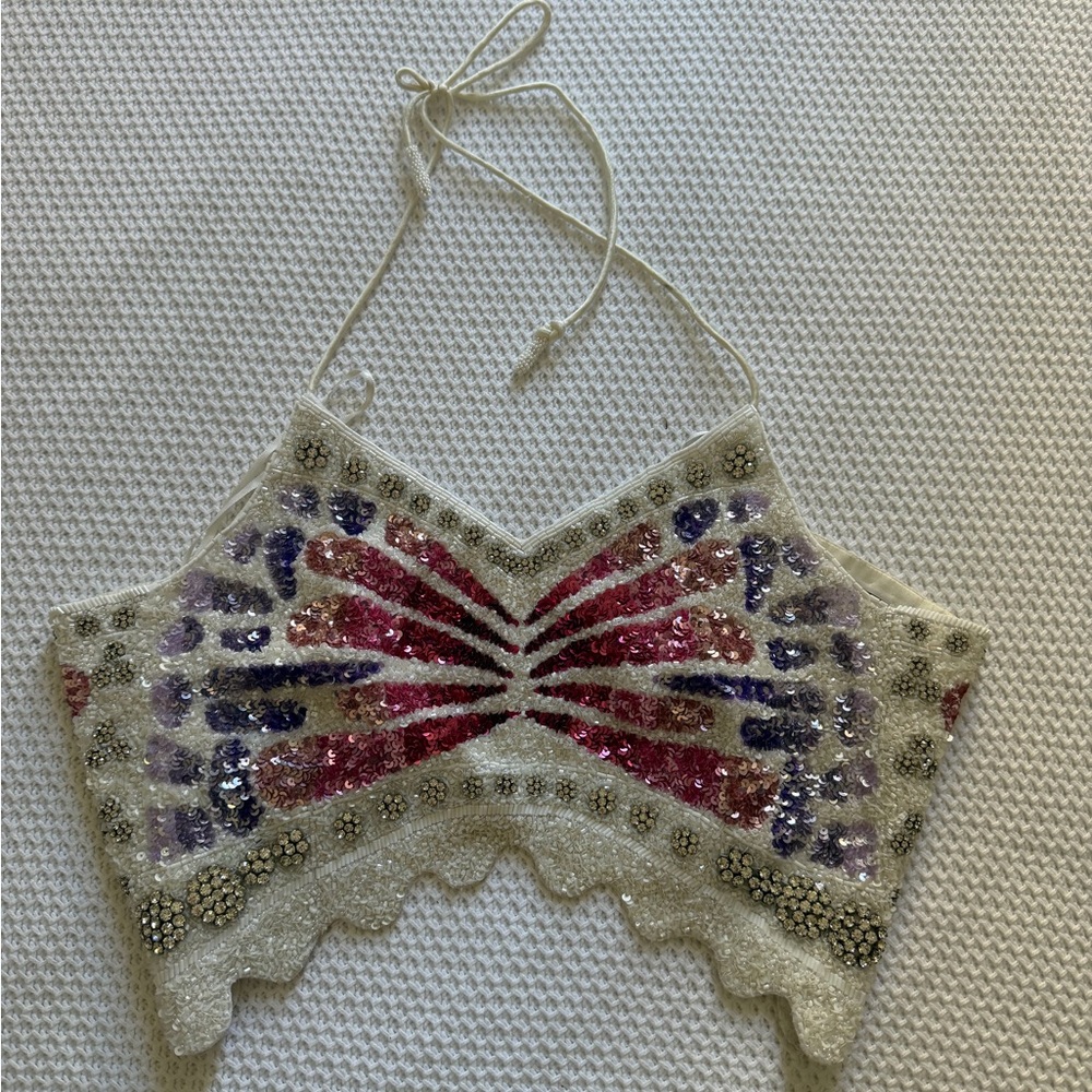 Retrofete Cream Sequin Beaded Halter Crop Top with Pink and Purple Accents - Picture 2 of 4